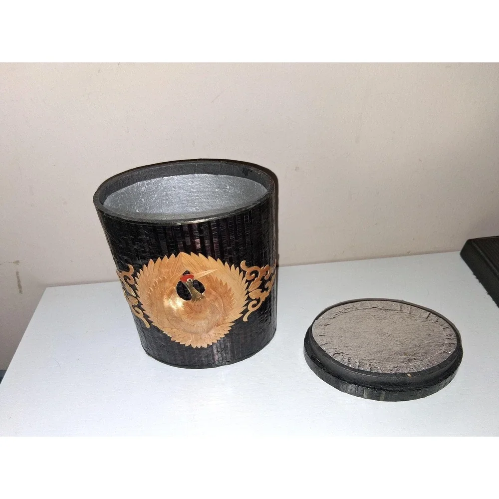 Vintage Asian Straw Art Crane Bamboo Tea Canister Box w Lid 5.5
